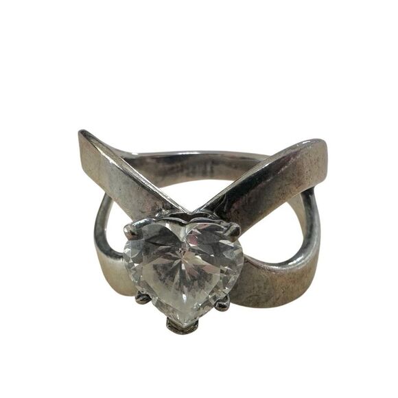 Sterling Silver Heart CZ Criss-Cross Band vintage ring - Picture 2 of 9